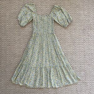 Suzy Shier Blue/Yellow Floral Print Square Neck Puff Sleeve Tiered Midi Dress XS